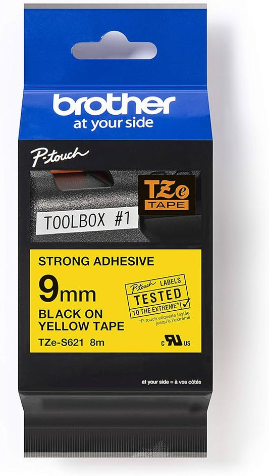 Brother TZES621 TZE-S621 Banda laminata negru pe galben puternic adeziva 9mm/8m, 4977766693356