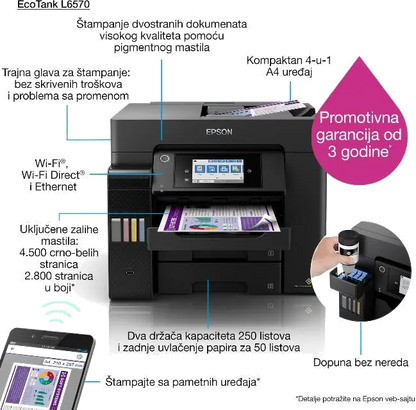 Epson C11CJ29402 Imprimanta Color Ecotank A4 L6570, 32/32 ppm, 802.11a/b/g/n/ac, 8715946676432