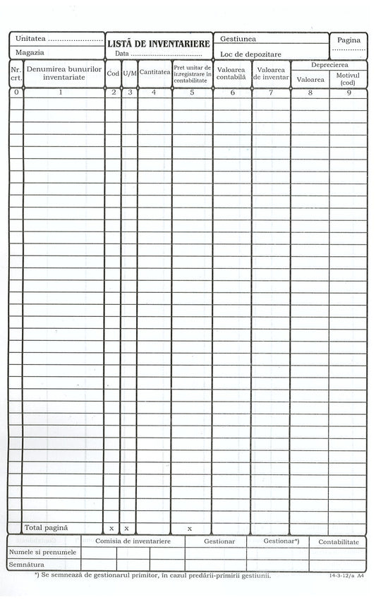 Office 14-3-12a Lista Inventariere A4 tabel pe verticala, 100 file(14-3-12a)